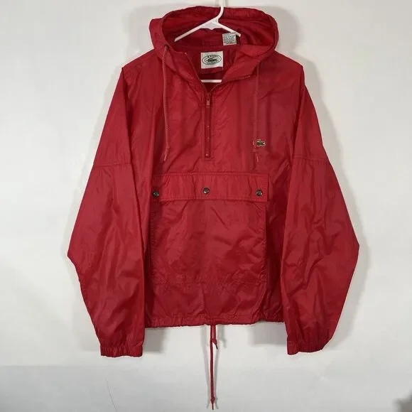 Vintage Izod Lacoste Half Zip Hooded Windbreaker Jacket Mens Medium Red Nylon - Picture 2 of 11